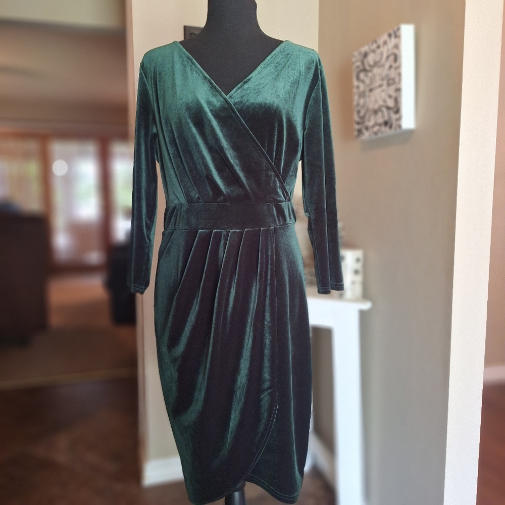 Velvet Velour Emerald Forest Green Faux Wrap Women's Dress Large